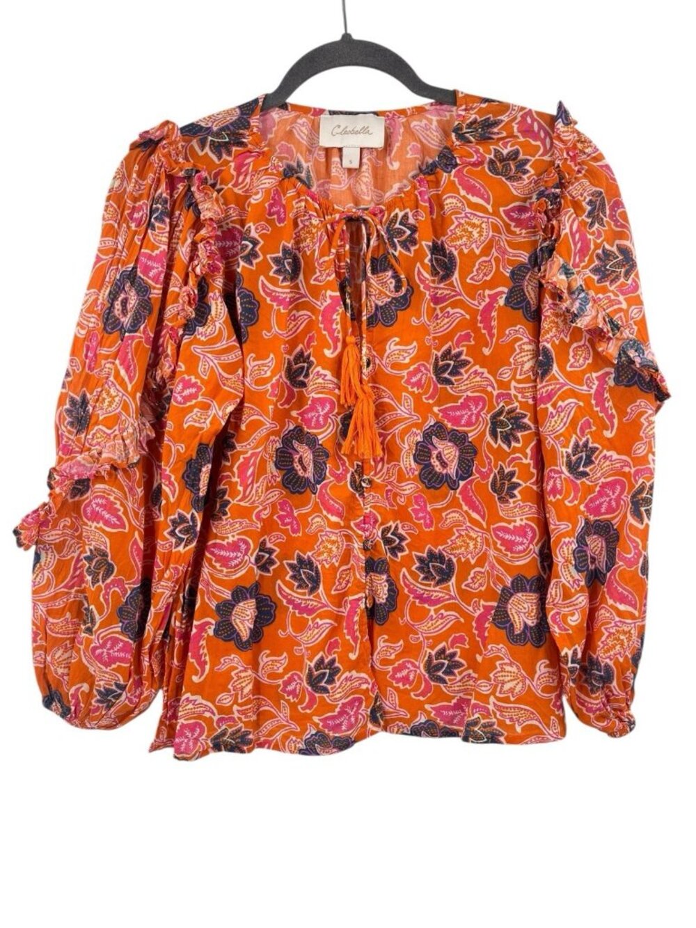 CLEOBELLA Women's Orange Floral Ruffled Balloon Sleeve Blouse Small